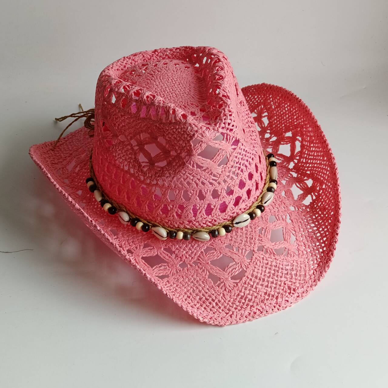 Cowboy Hat Straw - Różowy kapelusz kowbojski ze słomy, ażurowy,